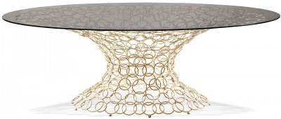 Masă Dining din sticlă Mondrian Art Form cu blat rotund sau oval și bază din tije de oțel